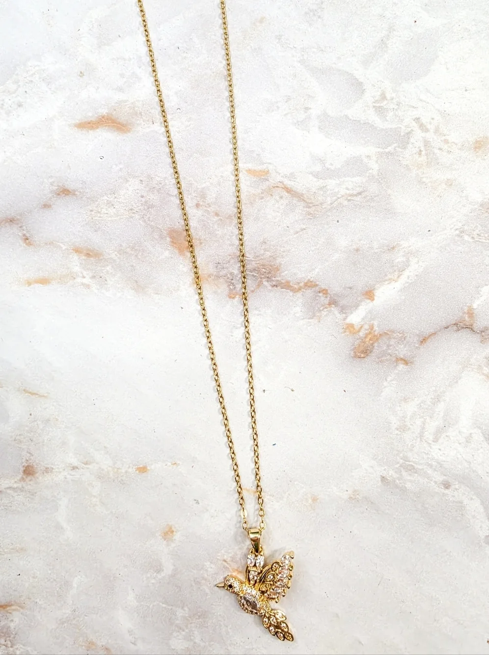Golden Hummingbird Pendant Necklace Sparkling Marquise Crystal Bird Jewelry